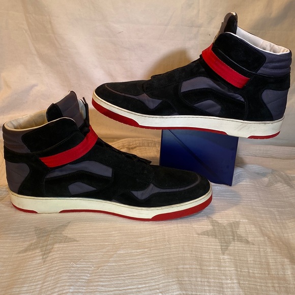 Louis Vuitton High Top Sneakers Black Suede Colorblock Pattern Red buckle white - Picture 2 of 9